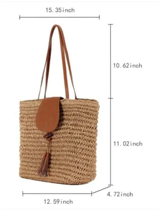 Hand-woven Straw Shoulder Bag Large Woven Beach Tote Purse with Tassel - Picture 5 of 7